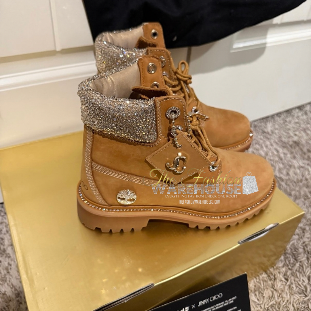 Women’s Timberland x Jimmy Choo 6″ Premium Wheat Swarovski Crystal Collar Boots