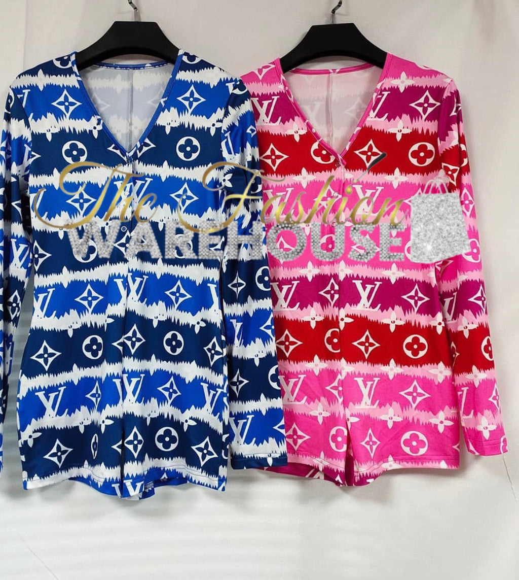 Women Short onesie Pajamas LV Print Sexy Bodycon Long Sleeve V Neck One Piece Sleeper Romper Jumpsuits