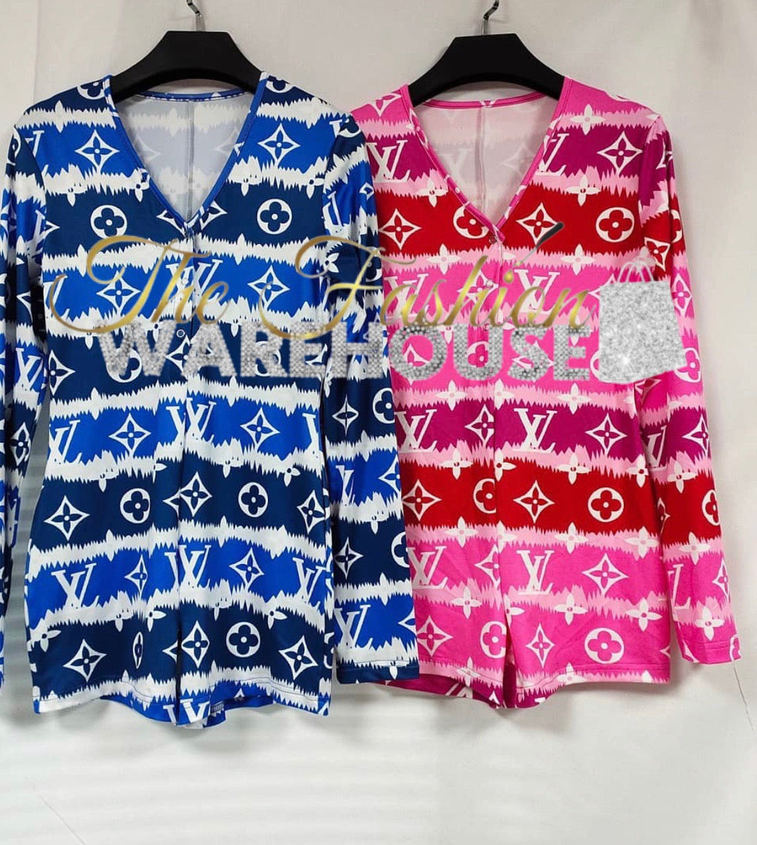 Women Short onesie Pajamas LV Print Sexy Bodycon Long Sleeve V Neck One Piece Sleeper Romper Jumpsuits