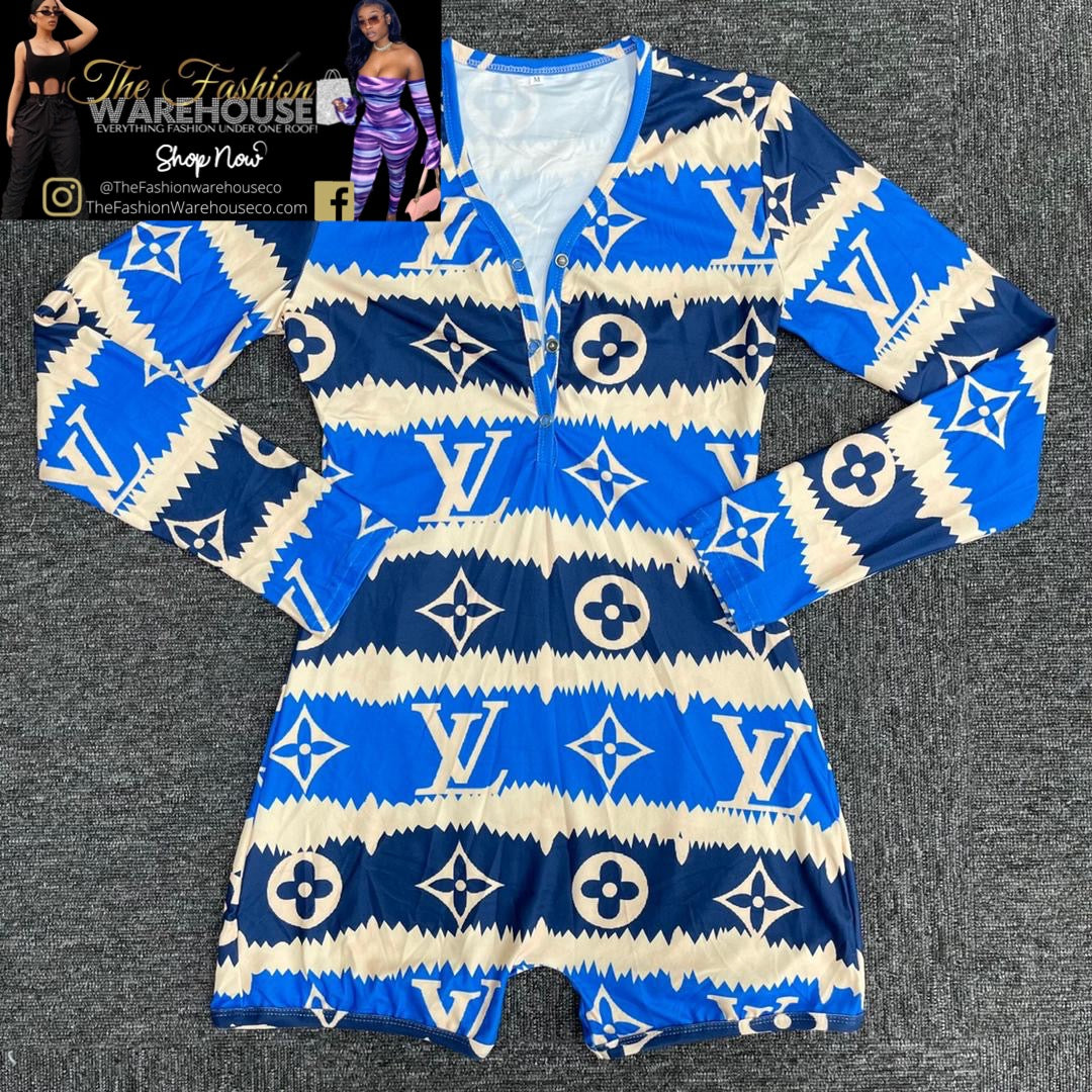 Women Short onesie Pajamas LV Print Sexy Bodycon Long Sleeve V Neck One Piece Sleeper Romper Jumpsuits