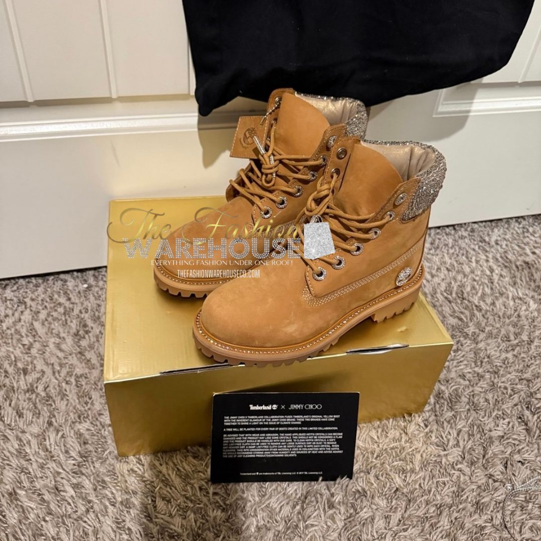 Women’s Timberland x Jimmy Choo 6″ Premium Wheat Swarovski Crystal Collar Boots