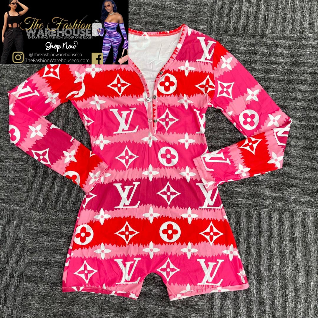 Women Short onesie Pajamas LV Print Sexy Bodycon Long Sleeve V Neck One Piece Sleeper Romper Jumpsuits