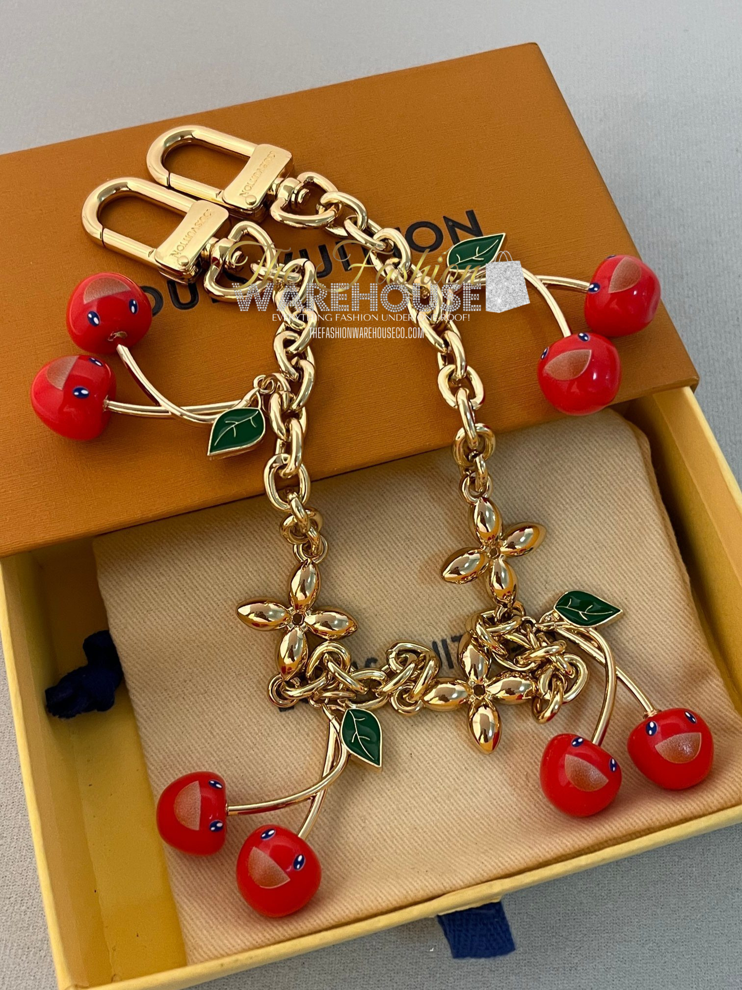 Louis Cerise Cherry Charm Gold Tone Adjustable Chain Link Bracelet