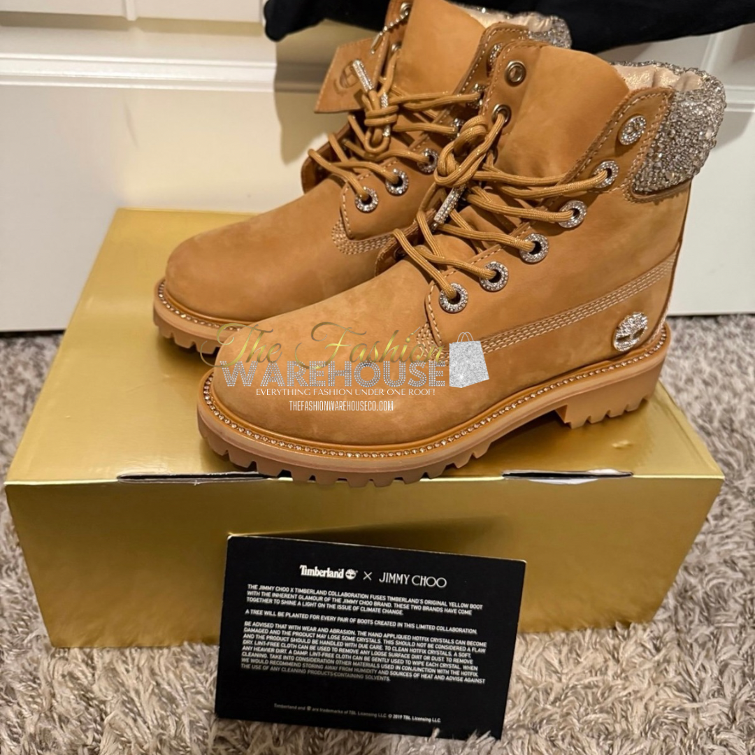 Women’s Timberland x Jimmy Choo 6″ Premium Wheat Swarovski Crystal Collar Boots