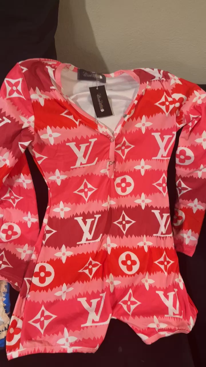Women Short onesie Pajamas LV Print Sexy Bodycon Long Sleeve V Neck One Piece Sleeper Romper Jumpsuits